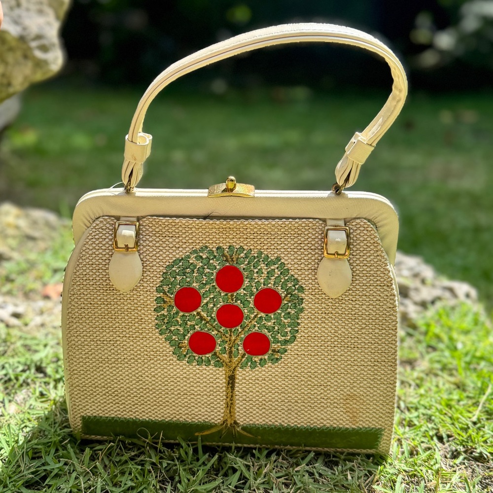 Vintage Cream and Red Floral Satchel